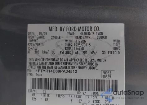 2009 Ford Ranger Xl/Xlt z USA, uszkodzony, nr VIN 1FTYR14D89PA34512